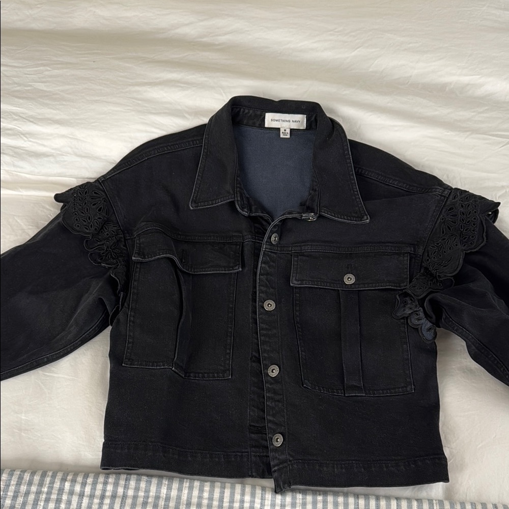 Black Denim Jacket with Lace Details